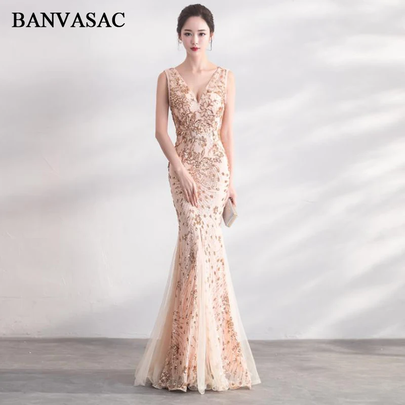 

BANVASAC Sequined Sexy V Neck Split Mermaid Long Evening Dresses 2018 Lace Appliques Backless Party Prom Gowns