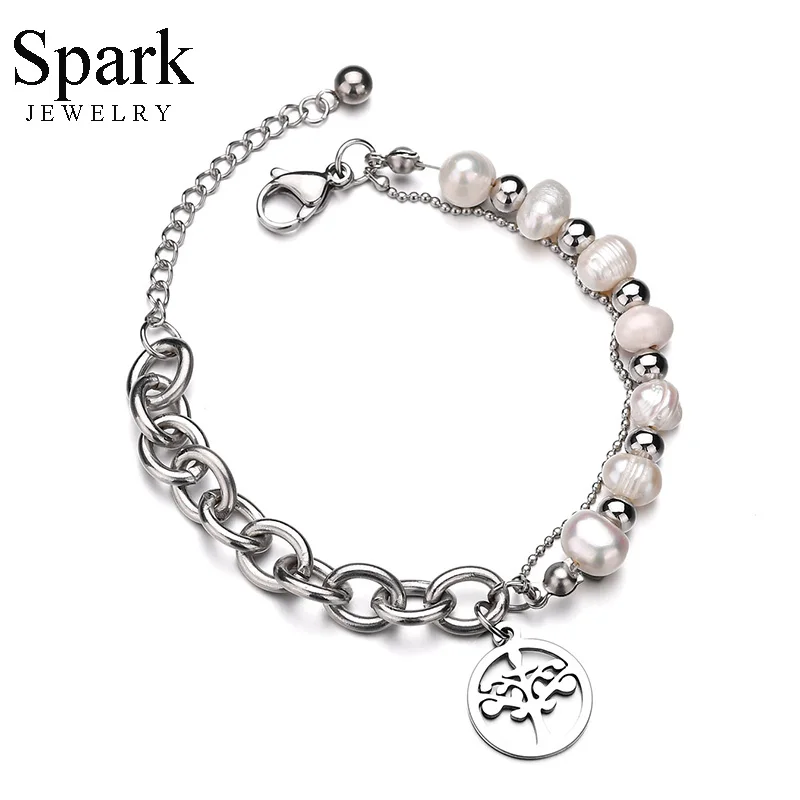 

Spark Stainless Steel Tree Of Life Charm Bracelet Imitation Pearl Beads Bracelets With Link Chain Birthday Gift For Women Girls