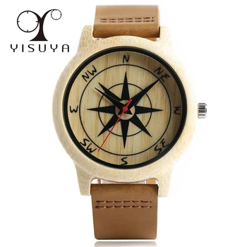 

YISUYA Modern Wood Compass Pattern Dial Men Quartz Minimalist Genuine Leather Band Handmade Wrist Watch Simple Sandalwood Gift