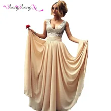 Auf lager Günstige Champagner Pailletten Chiffon A-linie Dubai Abendkleider v-ausschnitt Kaftan Muslimischen Langes abendkleid Verschiffen Frei SSX7