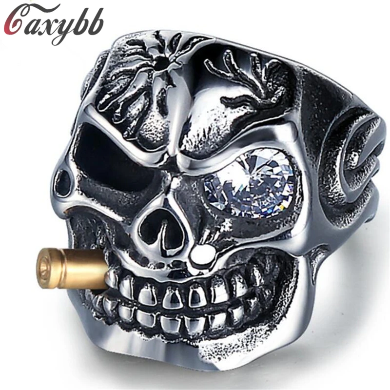 

Gold Smoking Pipe Biker Men's Rings Rock Punk Skull Ring Titanium Steel Clear Zircon Eye Plating Rings Men Jewelry