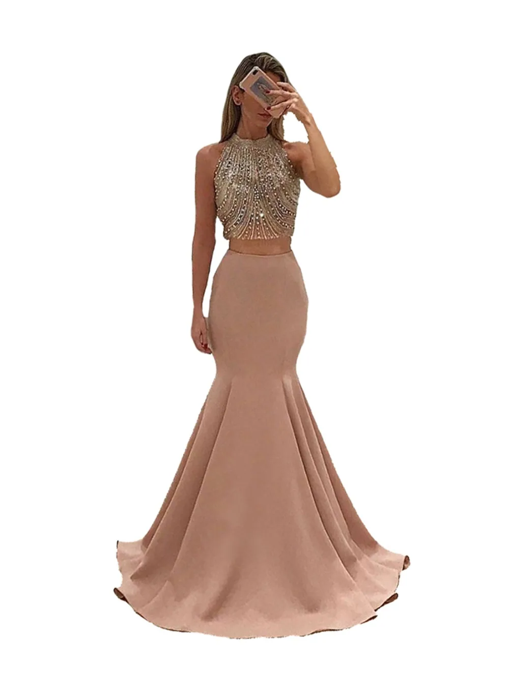 

Amazing Two Pieces Prom Dress 2019 O Neck Luxury Long Formal Evening Gown Plus Size