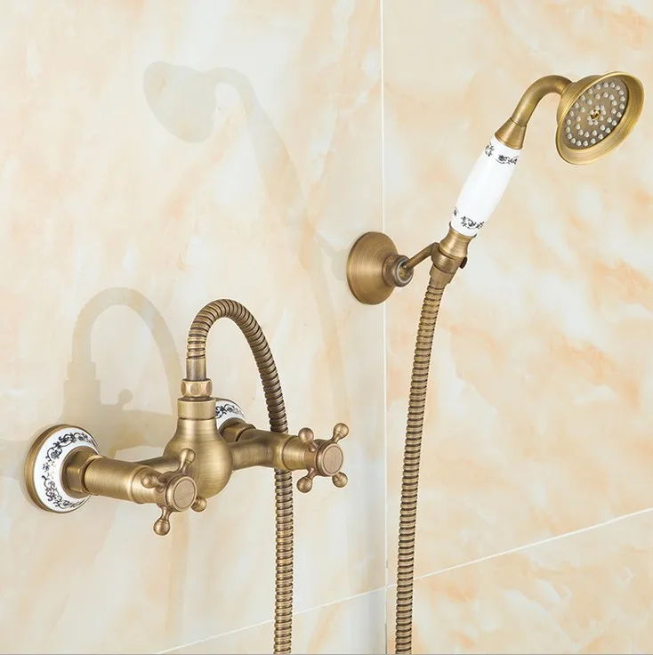 Antique Style Brass Material Bathroom Shower Faucet Set Wall