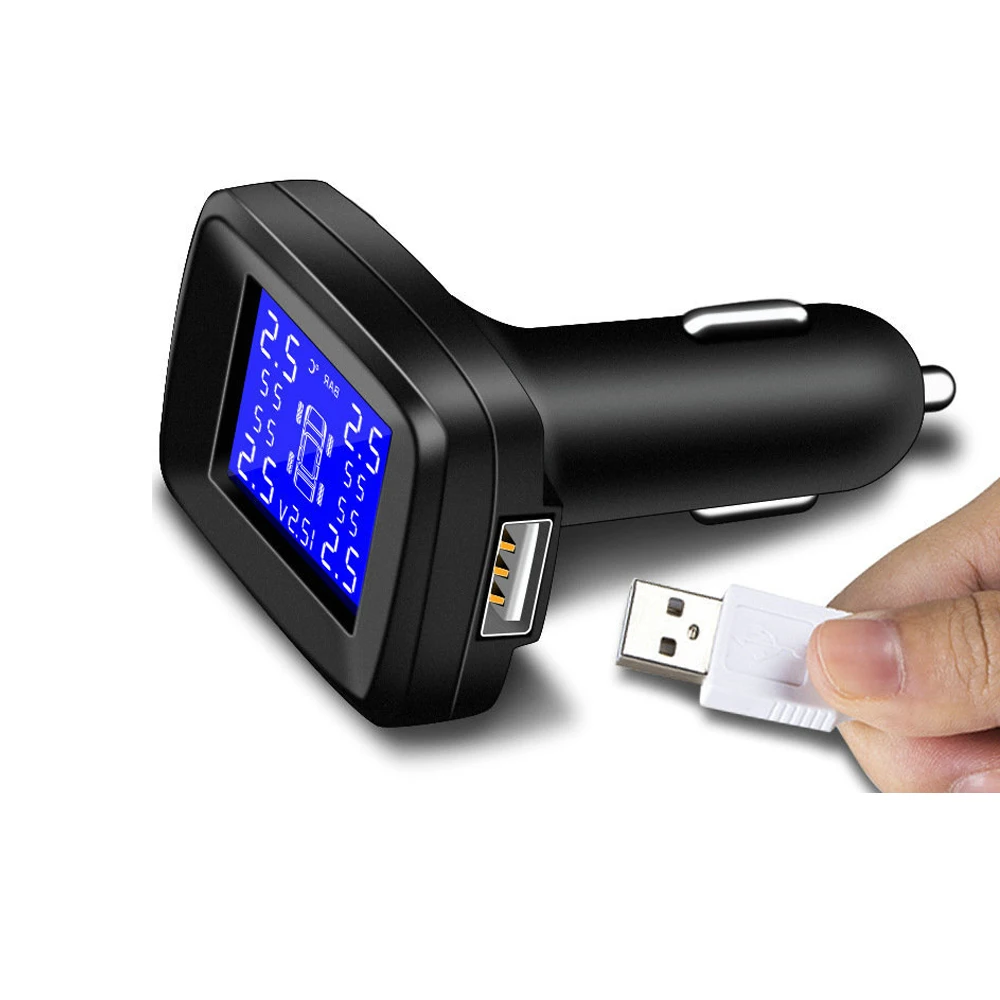 

TPMS LCD Display Car Tire Pressure Monitoring System Cigarette Lighter Plug Waterproof 4 External Sensors USB Charging