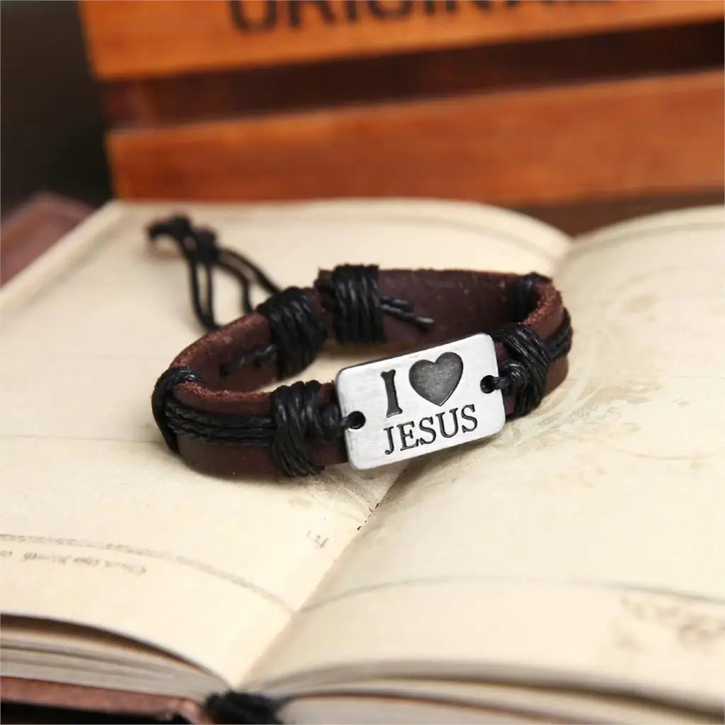 Очаровательный браслет из натуральной кожи с надписью «I Love Jesus», Плетеный Браслет-манжета, модные браслеты для женщин и мужчин, подарки