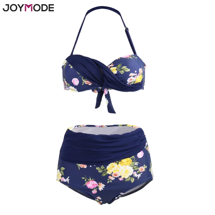 Синий JOYMODE женские Холтер геометрический принт Высокая талия купальные костюмы купальники бикини большого размера купальники женский комплект бикини - Цвет: Синий