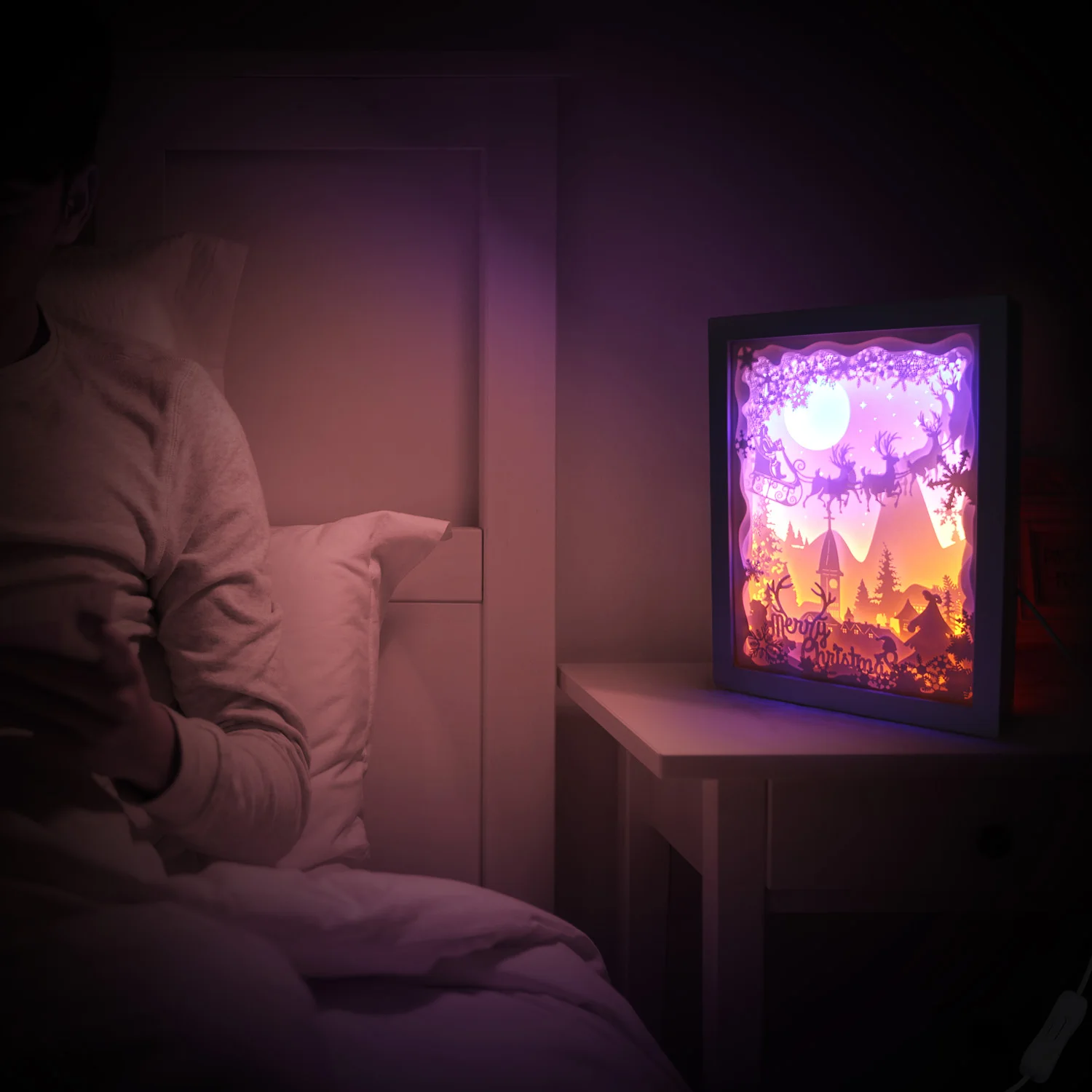 

Behogar Merry Christmas 3D Shadow Box Paper Carving Papercut LED Night Lamp Light for Bedroom Coffee Shop Tea House Decoration