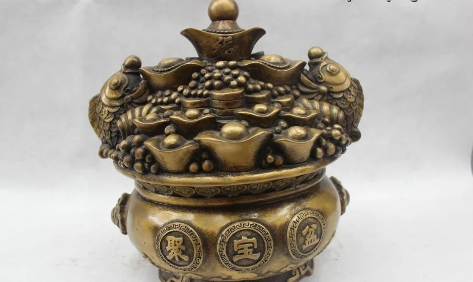 

13"Chinese Folk Bronze Lucky Money drawing cyprinoid cornucopia Statue