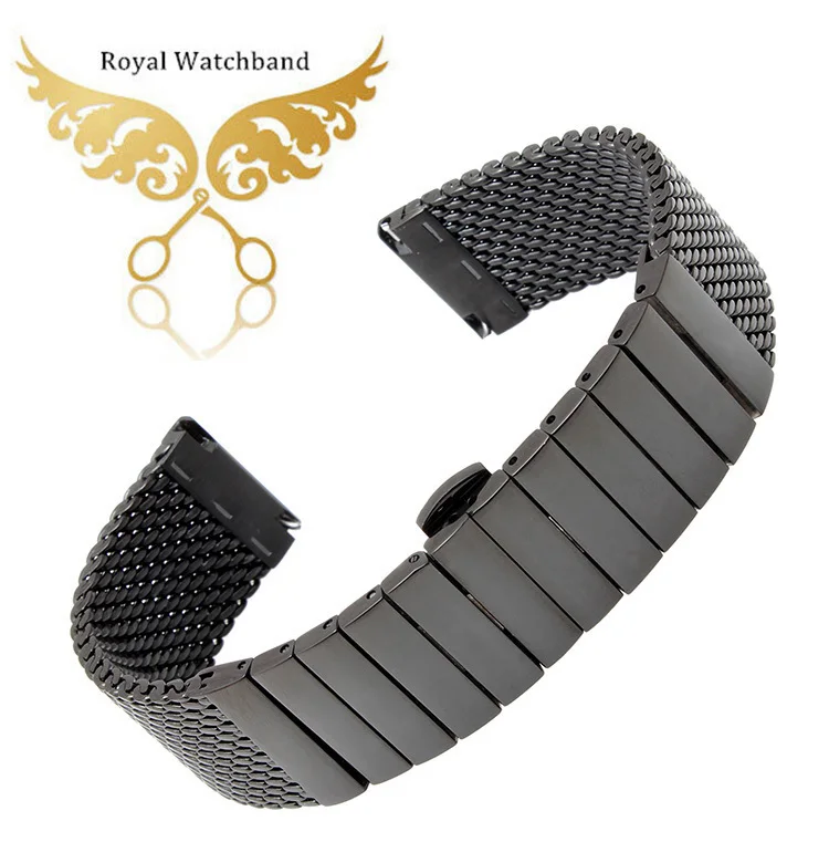 20mm 22mm Black Stainless Steel Mesh Watch Band Wire Flat Strap