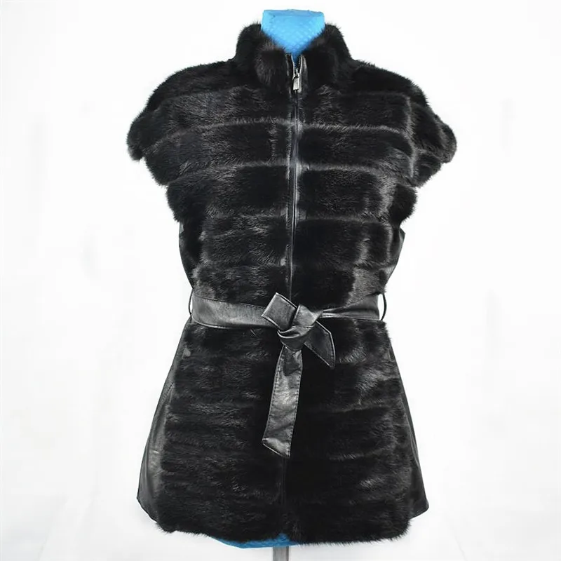 

2018mink fur leather vest water mink vest fashion thin warm ladies slim belt European and American style Russian autumn and win