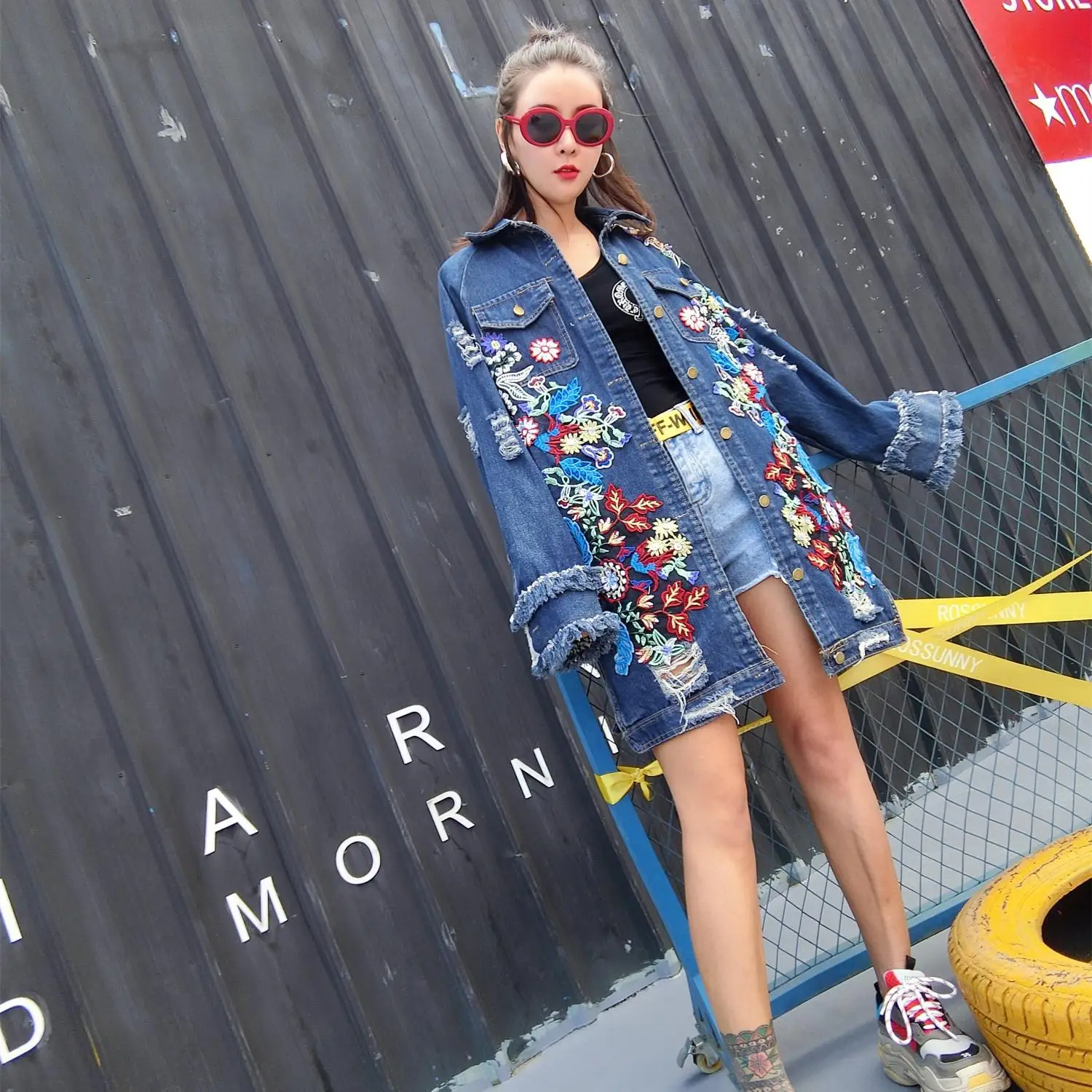Greatest Floral Embroidery Denim Jacket Coats Women Spring Autumn Long Ripped Beading Tassel Jeans Jackets 2