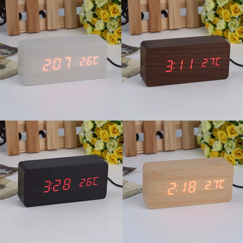 4 Colors Large Size LED Wooden Alarm Clocks with Thermometer Rectangle