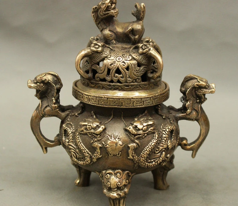 

Chinese Buddhist Bronze Copper Dragon Lion Beast Statue Incense Burner Censer