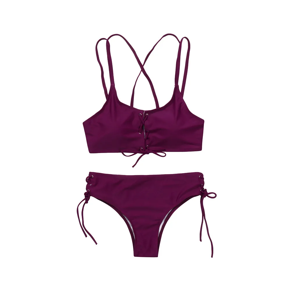 Women Solid Mid Waist Bikini Set Sexy hot sale Swimwear Bandage