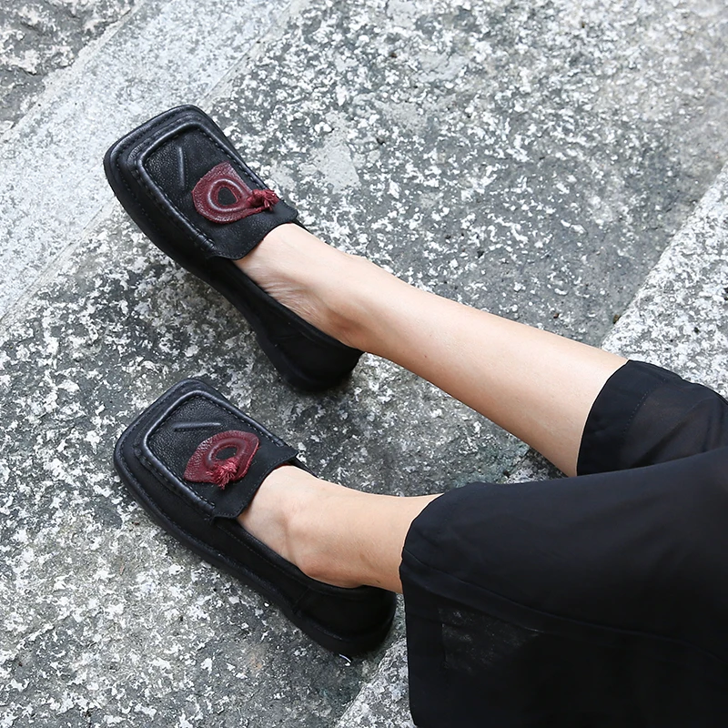 

Vintage Female Footwear Shoes Natural Leather Handmade Fringe Women Flat Shoes Square Toe Stitch Solid Lady Flats