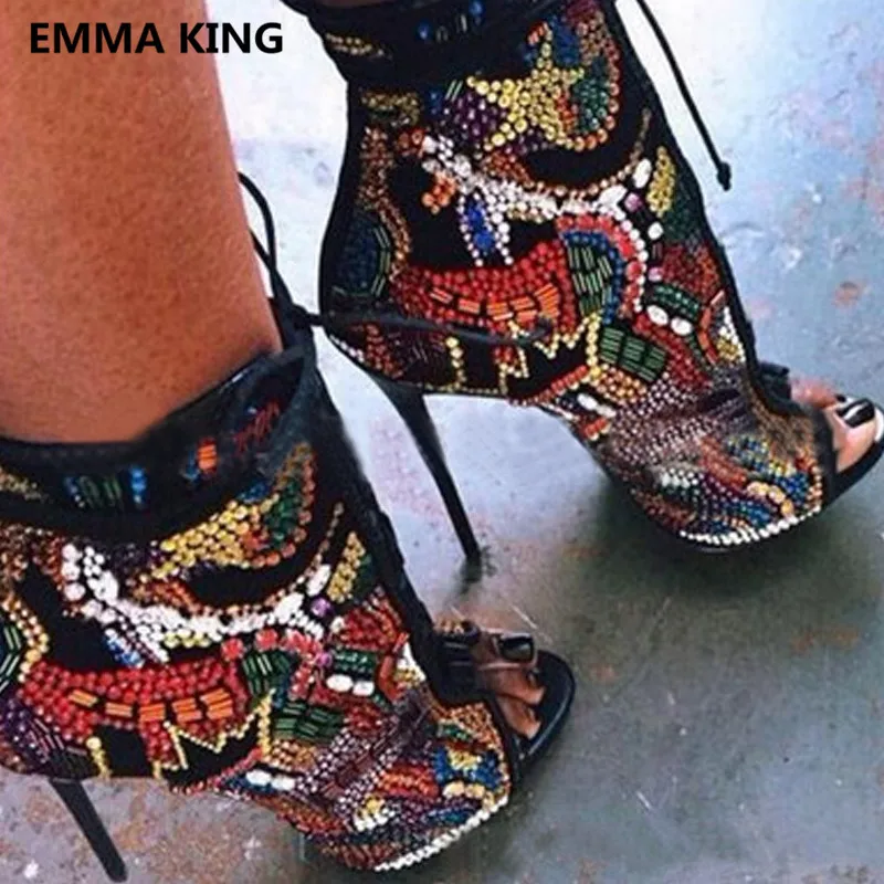 

Runway New Women Summer Gladiator Sandals Ankle Boots Peep Toe Full Crystal Studded Shoes Woman Sexy High Heels Roman Sandals