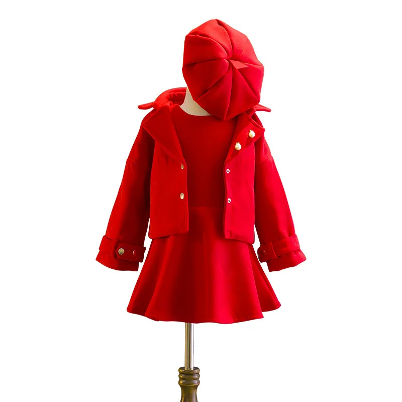 

2018 New Spring Baby Girls Clothing Set Solid Red Gray Kids Jacket + Dress + Hat 3 Pieces Sets Warm Clothes Toddler Kids Suits