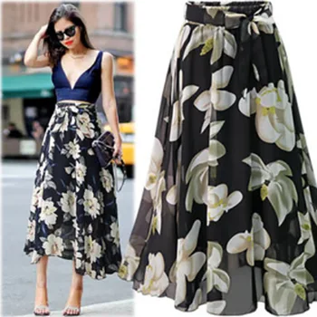 

Summer Woman Chiffon Long Skirt European Style Floral Print Elastic High Waist Sashes Mid-calf Maxi Skirt Bohemian Boho Skirt