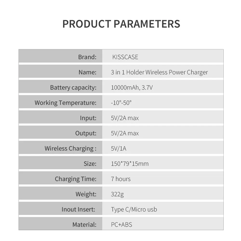 KISSCASE, 3 в 1, 10000 мА/ч, зарядное устройство для телефона, двойной USB, беспроводное зарядное устройство, настольный держатель для телефона, подставка для iPhone, samsung, для Xiaomi, huawei