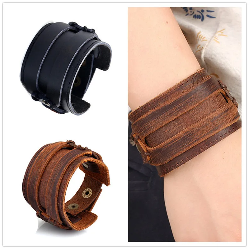 Мужской стильный кожаный широкий браслет браслеты ручной работы ретро из натуральной кожи браслеты-манжеты ювелирные изделия для мужчин коричневый черный