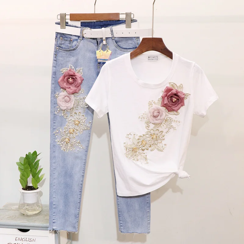 

Spring Summer Girls Students New Nail-beaded Embroidered Flower Pull T-shirt + Hole Jeans Two-piece Suit for Women Denim Pants