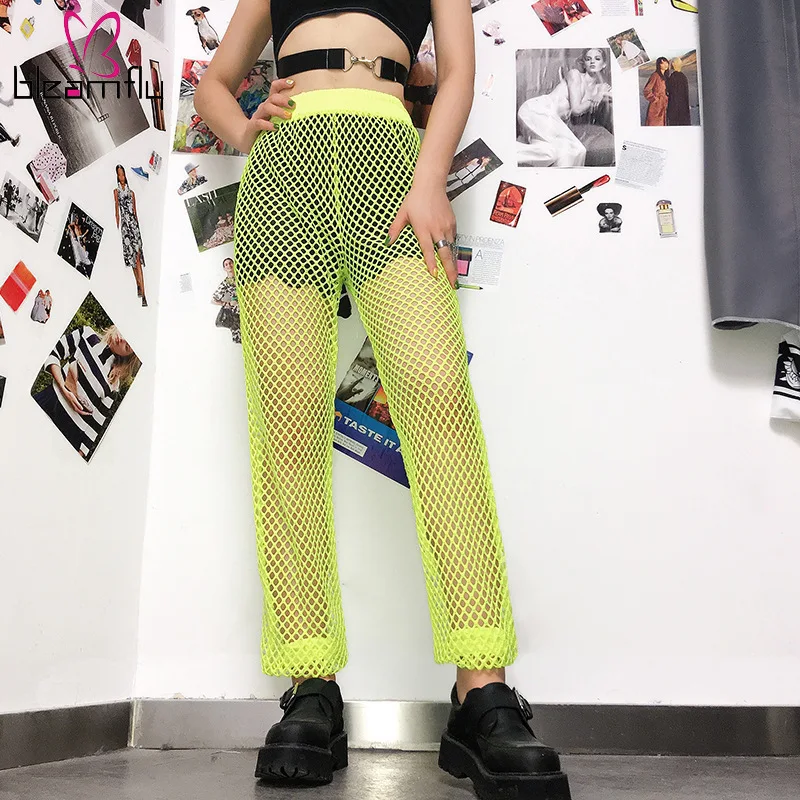 

Neon Yellow Fishnet Pants Women Casual See Through Hollow Out Harem Pants Summer Beach Streetwear High Waist Trouser Bottom