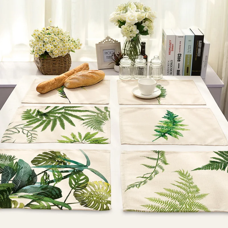 Urijk Kitchen Table Mats Green Leaves Pattern Cotton Linen Western Pad
