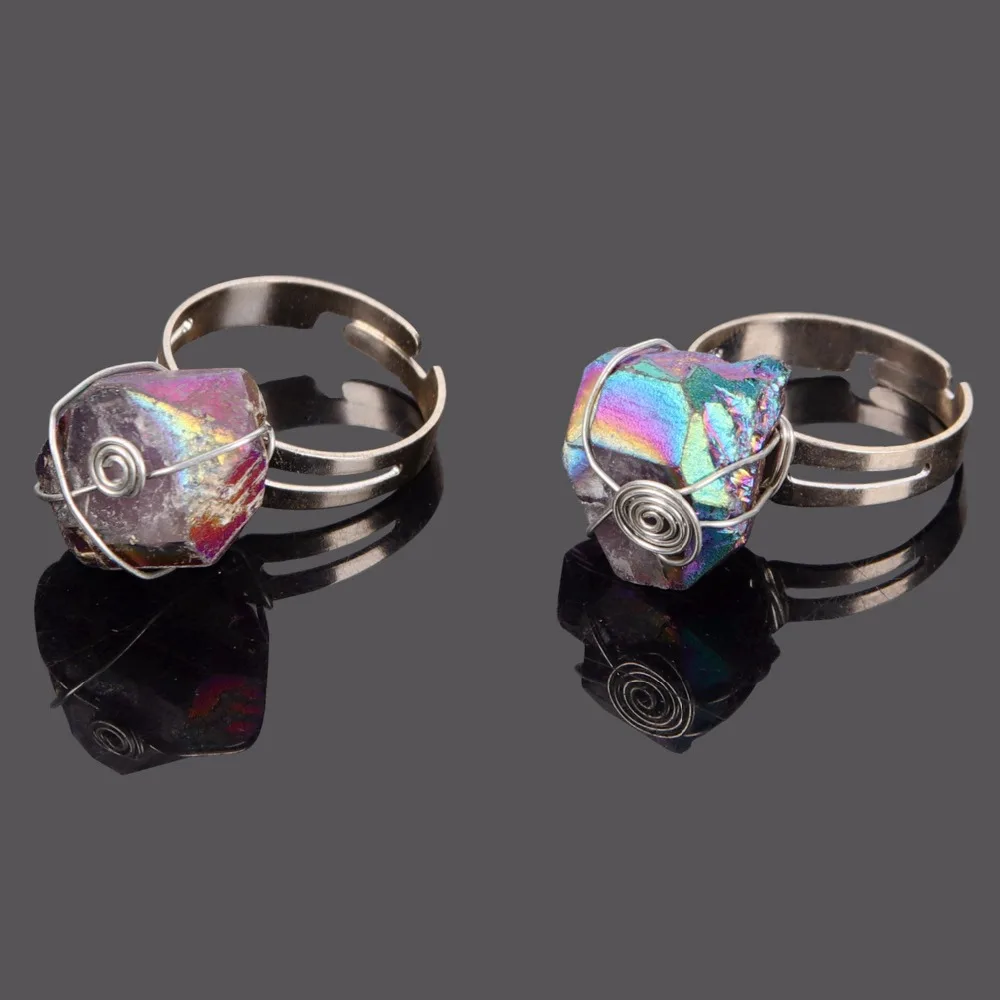 

Handmade Wire Wrapped Silver Color Open Cuff Ring Rainbow Natural Original Crystal Quartz Stone Adjustable Rings Party Wedding