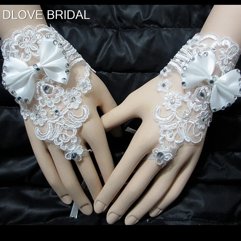 Короткие кружевные свадебные перчатки с бантом свадебные аксессуары длина запястья без пальцев Вечерние перчатки для выпускного вечера