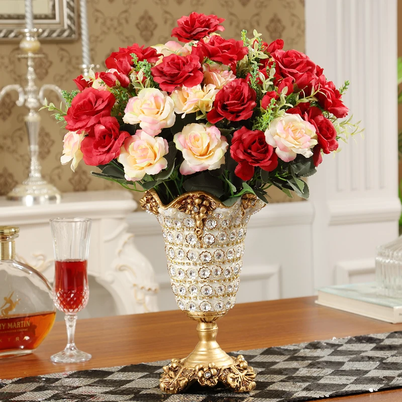 Modern Resin Diamond Vase+artificial Flower Set Figurines Home