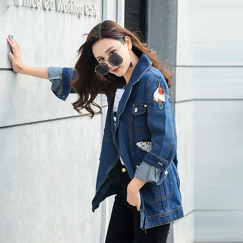 Denim Mode Manteaux Lavé Loisirs Vestes Outwear Appariés Bleu 2018 Top Tous Lâche Grue Hot Floral Broderie Manches Zipper À Longues wFxYAqXPO