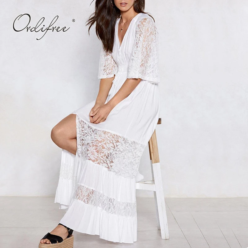 

Ordifree 2019 Summer Boho Women White Long Beach Dress Half Sleeve Loose White Lace Sexy Maxi Dress