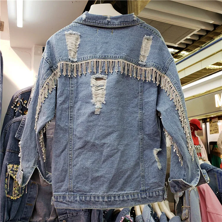 Lâche Automne New Street Dame Manteau Printemps Femmes Denim Diamant gland Bleu High Trous Forage Veste Personnalité 2019 Nw8vmn0
