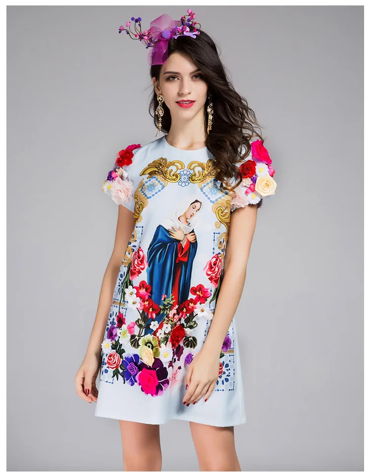 

S-3XL new lady saint figure printed Slim was thin round neck sleeve in the long paragraph dress