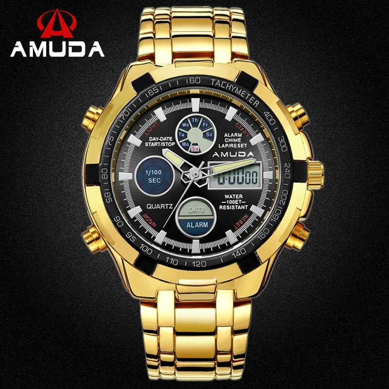 

2018 Fashion Men Watch Top Luxury Brand AMUDA Golden Watches For Men Sport Dual Time Wrist Watch Relogio Masculino Esportivo
