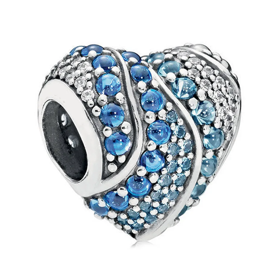 925 Sterling Silver Bead Charm fit Pandora Bangle Bracelet Aqua Heart