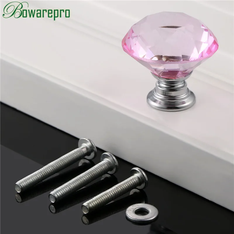 

bowarepro Pink Diamond Crystal Glass knob hardware Pull dresser handle kitchen Handle door Furniture 1pcs+3Pcs Screws 22/25/30mm