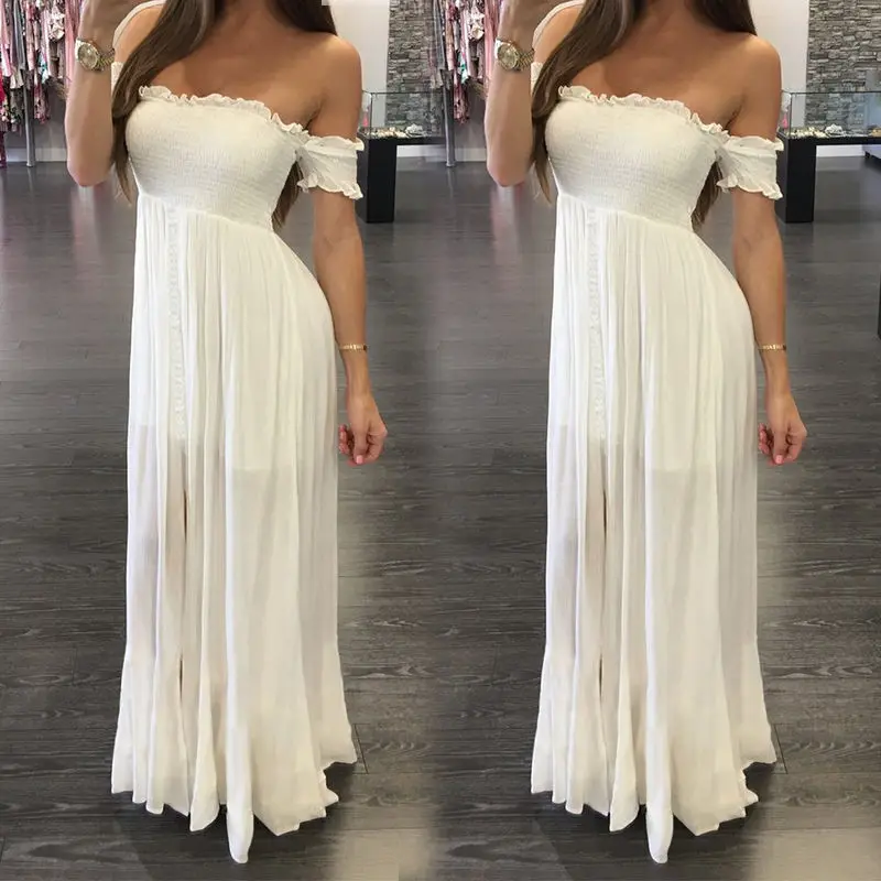

Boho Womens Tops Maxi Dress Off Shoulder White Solid Sleeveless Summer Evening Long Dresses Beach Sundress