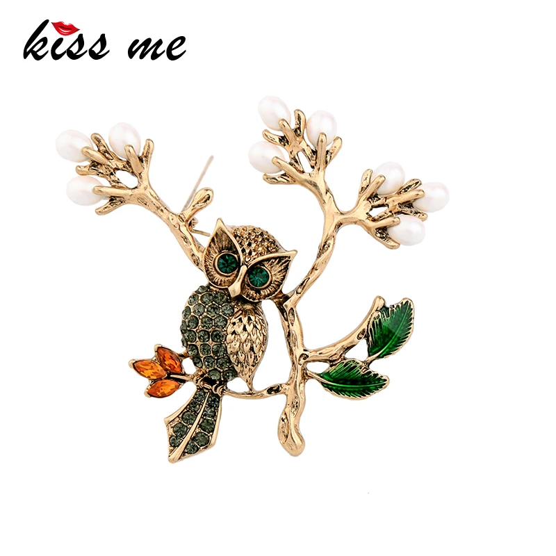 

KISS ME Brand Antique Gold Color Crystal Owl Green Enamel Leaves Vintage Women Brooch Fashion Jewelry
