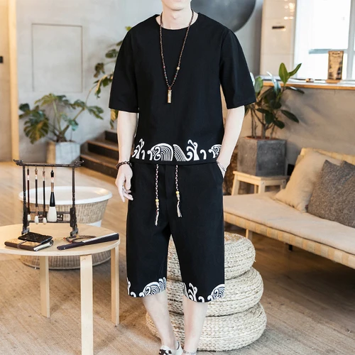 

Loldeal Chinese Style Summer Cotton Linen T-shirt+Shorts Set Men Short-sleeved Printing Round Neck T-shirt Two-piece Suit
