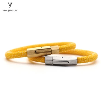 

Fashion Simple Yellow Stingray Leather Spring Clasp Couple Bracelet Customize 6 mm Stingray Cords Snap Hook Bracelet For Lovers