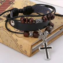 2015 Fashion Handmade Wooden beads Adjustable With the Cross Leather Bracelet For Women Men Unisex Jewelry Star Bracelet Bangle