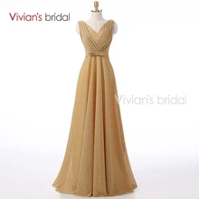 Вивиан Свадебный Новое Прибытие Линии платье вечерние в пол Шампанское V Шеи вечерние платья длинные EV401