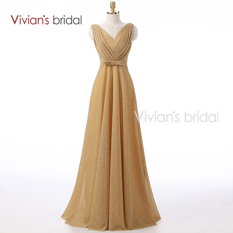 

Vivian's Bridal New Arrival A Line Evening Dress Champagne V Neck Long Formal Evening Gown EV401