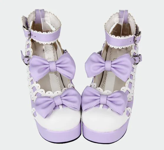Бренд "Qin kuan" Для женщин кружевом в Стиле Лолита; туфли из искусственной кожи в стиле Лолиты обувь на шпильках туфли на высоком каблуке, декорированные бантом; Лодочки на платформе Косплэй обувь плюс Размеры, больших размеров: 33-47 - Цвет: purple