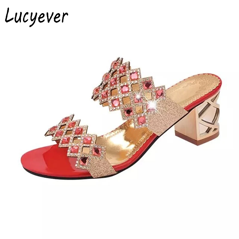 online Lucyever PU Couro Filp Flops Sandálias de Cristal Da Forma Das Mulheres Sexy Strass Sapatos De Salto Alto do dedo do pé Aberto Sandálias Sapatos Sandália Verão