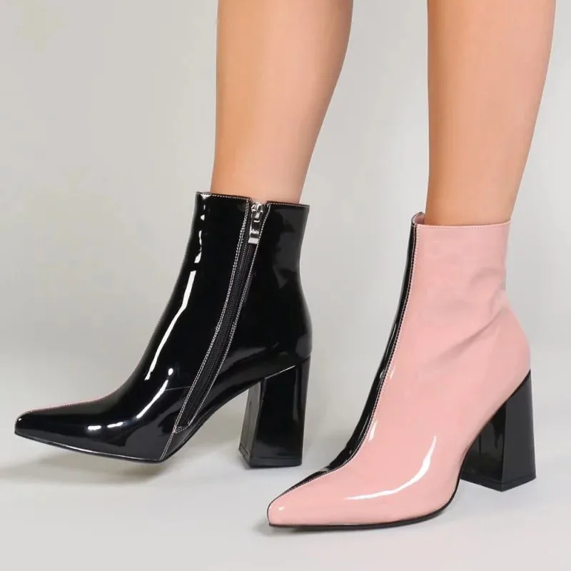 RizaBina/модные разноцветные ботильоны с острым носком на молнии; обувь на толстом каблуке; женская повседневная обувь; сезон осень-зима; Размеры 35-43 - Цвет: Розовый