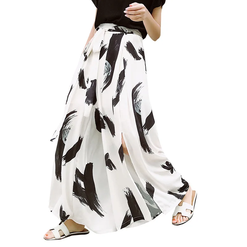 High waist loose summer chiffon pants plus zise printed trousers Korean version of casual pants women white wide leg trousers High waist loose summer chiffon pants plus zise printed trousers Korean version of casual pants women white wide leg trousers