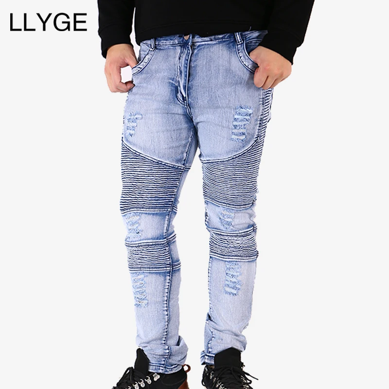 

LLYGE 2019 Spring Mens Ripped Rider Biker Jeans Men New Collection Hi-Street Slim Fit Washed Moto Denim Pants Joggers Skinny