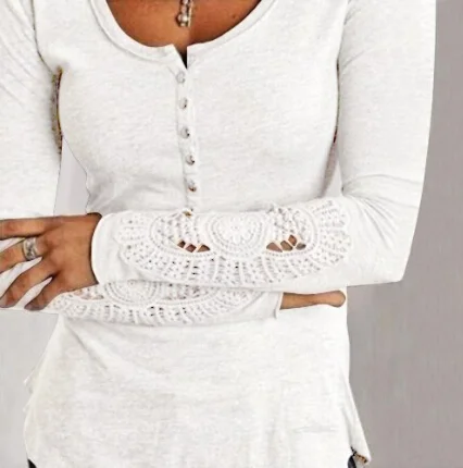Женская футболка, Модная тонкая Кружевная футболка с круглым вырезом и длинными рукавами, недорогая футболка большого размера, Прямая поставка, KFL8055